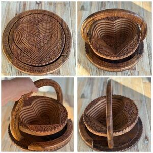 Vintage Handcrafted Wooden Basket with Heart Design Collapsible Trivet